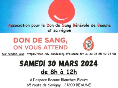 Beaune - Collecte mensuelle de l’Association pour le don du sang bénévole à l'Espace Beaune Blanches-Fleurs le samedi 30 mars