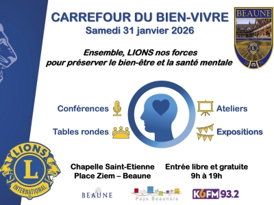 Lions Club Beaune Côte d’Or - « Carrefour du bien-vivre » : une journée pour changer le regard sur la santé mentale le samedi 31 janvier