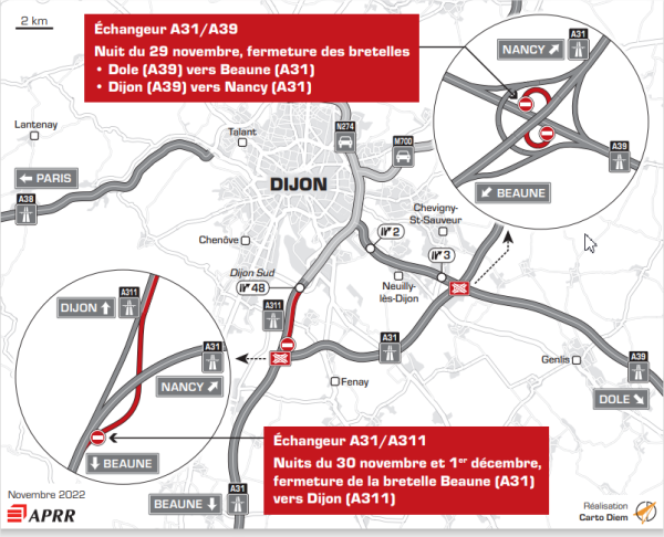 Échangeur A31/A39 : fermetures nocturnes de trois bretelles entre le 29 novembre et le 2 décembre, de 21 h à 6 h.