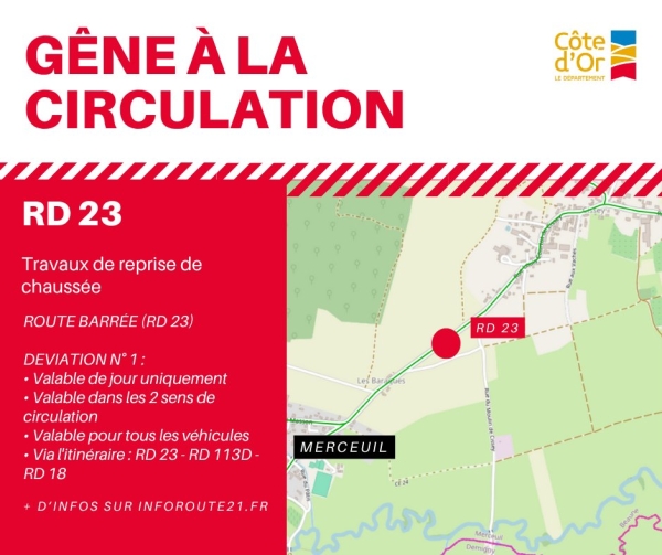 Merceuil - Gêne à la circulation sur la RD 23 du 3 au 7 novembre