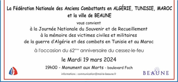 Beaune - Journée Nationale du Souvenir pour les victimes de la guerre d'Algérie, Tunisie et Maroc le mardi 19 mars 
