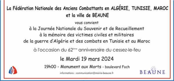 Beaune - Journée Nationale du Souvenir pour les victimes de la guerre d'Algérie, Tunisie et Maroc le mardi 19 mars