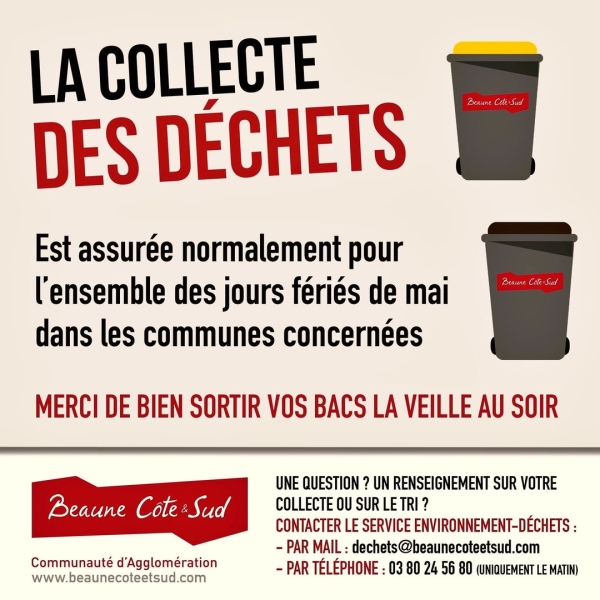 Beaune Côte & Sud - Collecte des déchets assurée normalement les jours fériés en mai
