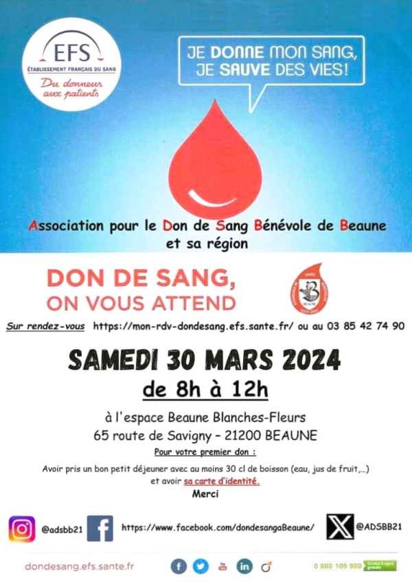 Beaune - Collecte mensuelle de l’Association pour le don du sang bénévole à l'Espace Beaune Blanches-Fleurs le samedi 30 mars