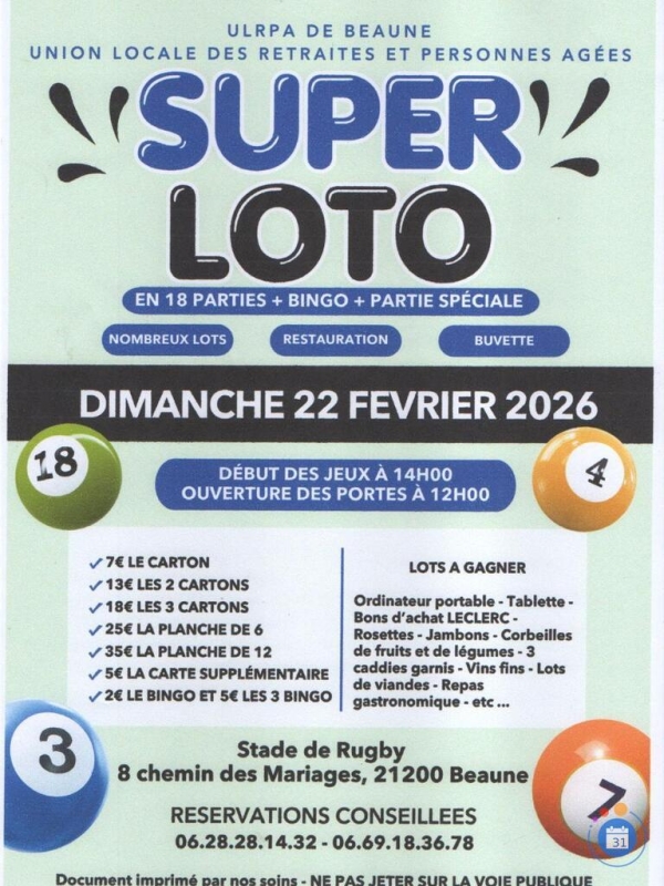 Beaune - Super loto ce dimanche 22 février : des lots exceptionnels à gagner au stade de rugby