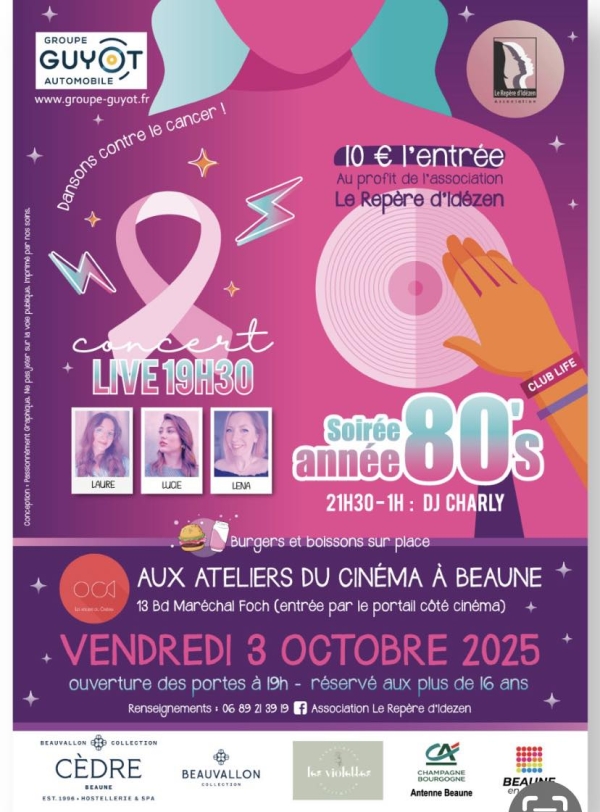 Beaune – Une soirée années 80 au profit des femmes touchées par le cancer vendredi 3 octobre