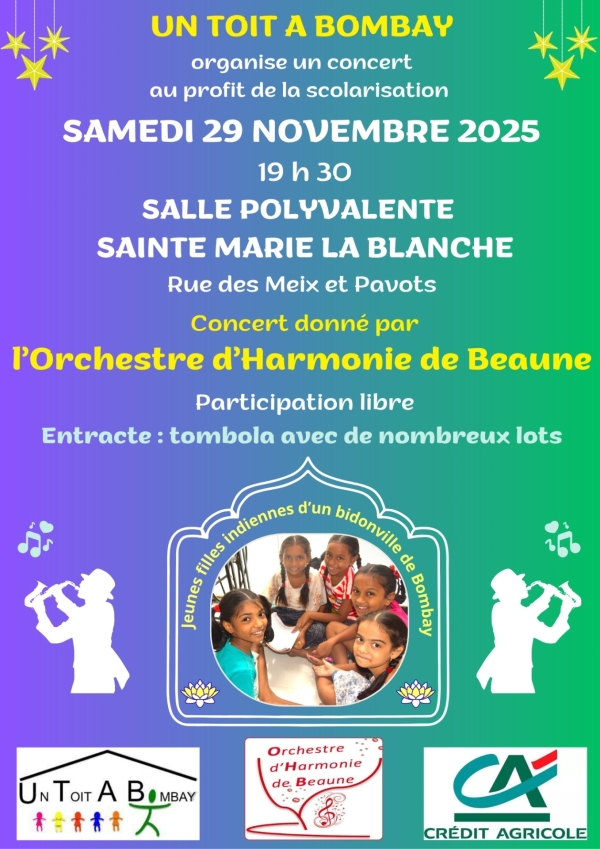 Sainte-Marie-la-Blanche – Concert solidaire au profit de l’association Un Toit à Bombay le samedi 29 novembre
