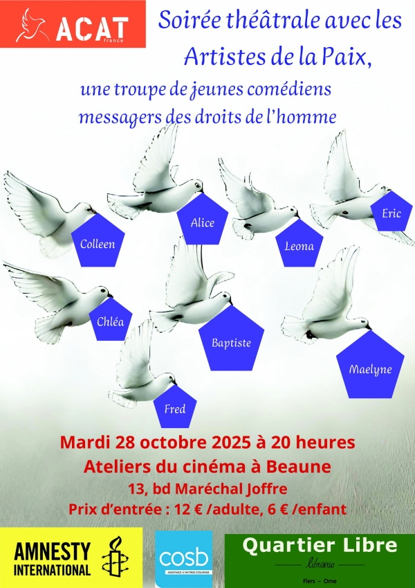Beaune - Soirée théâtrale engagée pour les droits humains avec les Artistes de la Paix, mardi 28 octobre