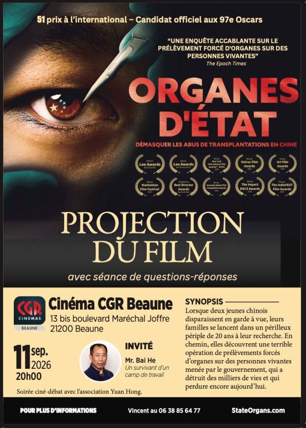 Beaune - Une soirée ciné-débat autour du documentaire « Organes d’État » suivi du témoignage d’un survivant des camps de travail chinois au CGR