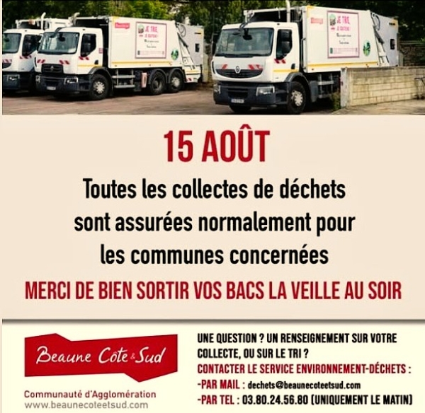 Beaune Côte & Sud : collecte des déchets maintenue le 15 août
