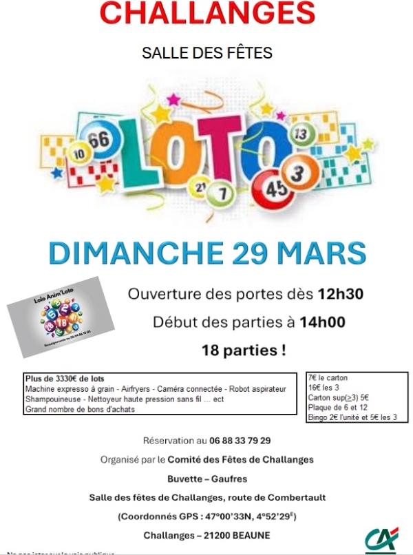 Beaune - Plus de 3 300 € de lots au loto du comité des fêtes de Challanges le 29 mars