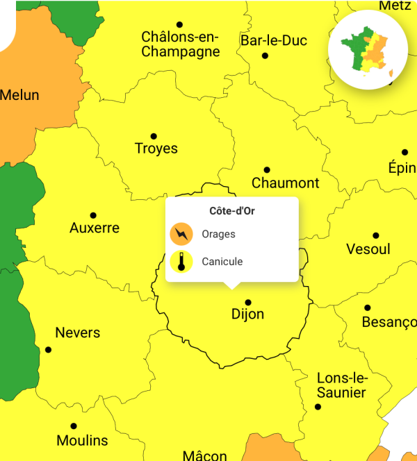 Fin de la vigilance canicule en Côte-d'Or à compter du lundi 29 juin, vigilance orange orages dès ce soir 22 h et maintien de la vigilance au risque feux de forêts