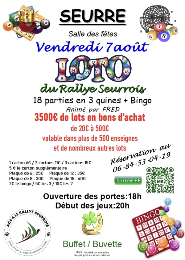 Seurre - Le Rallye Seurrois organise un grand loto avec 3 500 € de lots à gagner le 7 août