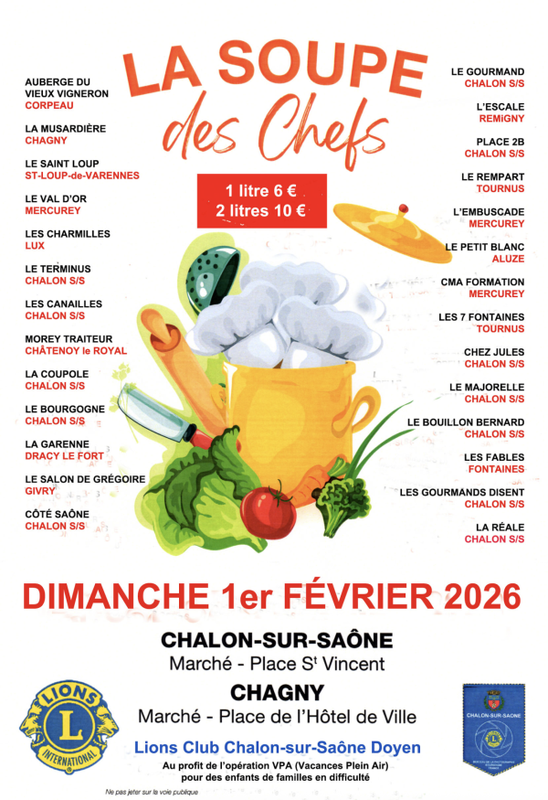 L'édition 2026 de la soupe des Chefs revient le dimanche 1er février à Chagny et Chalon-sur-Saône